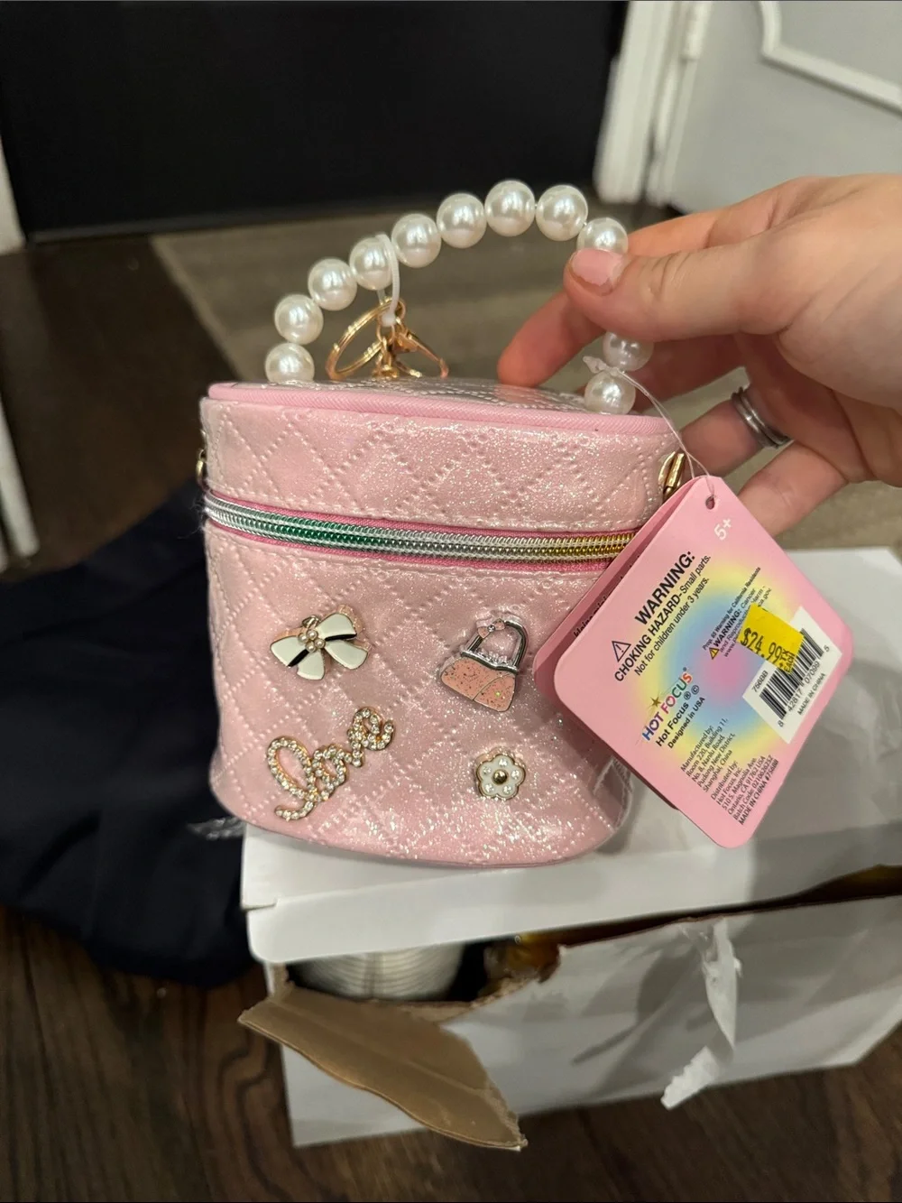 Pink Quilted Pearl-Handle Kids side Bag with charms and long chain NWT